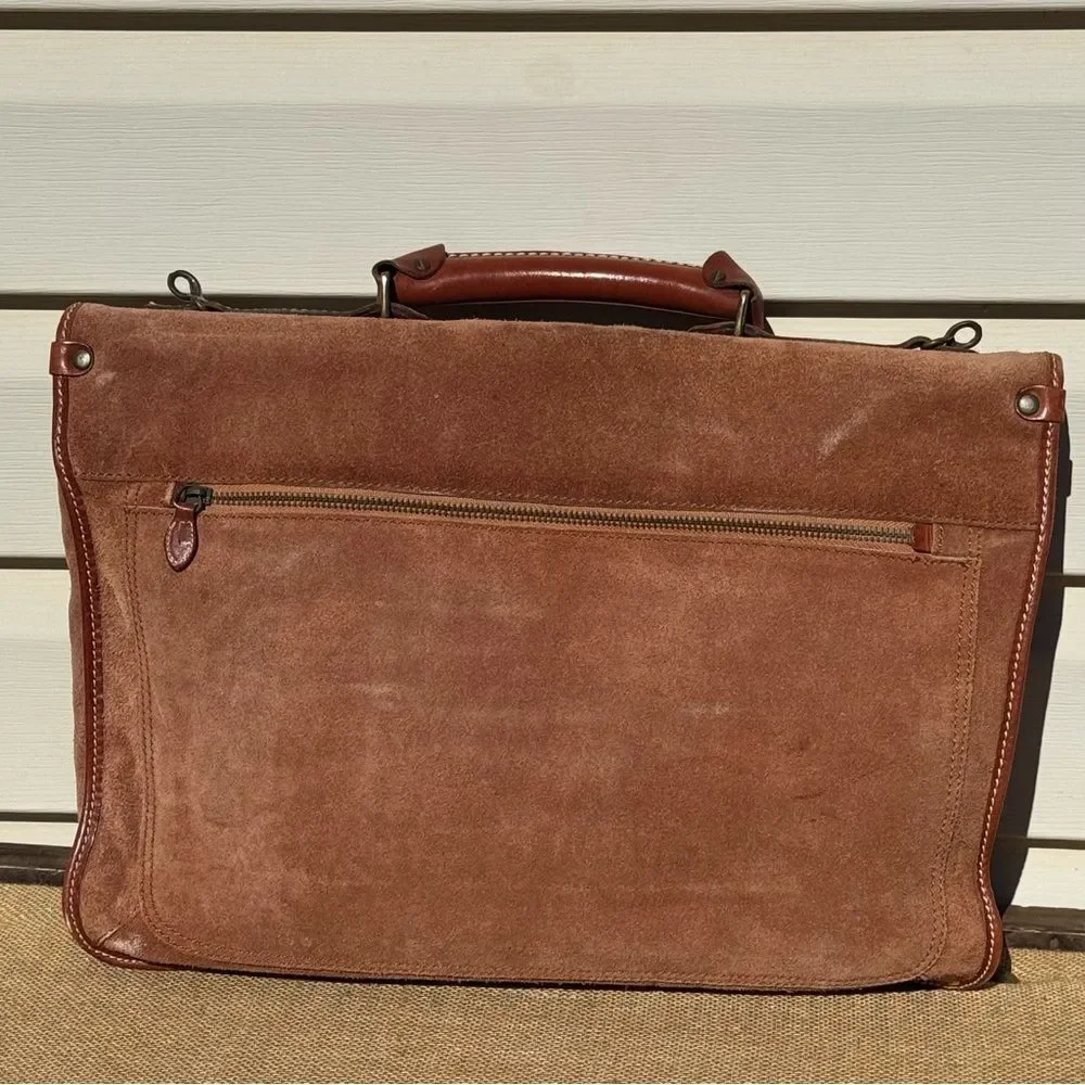 GoN Vintage Leather Suede Briefcase Messenger Bag Brown Plaid Lined 17”